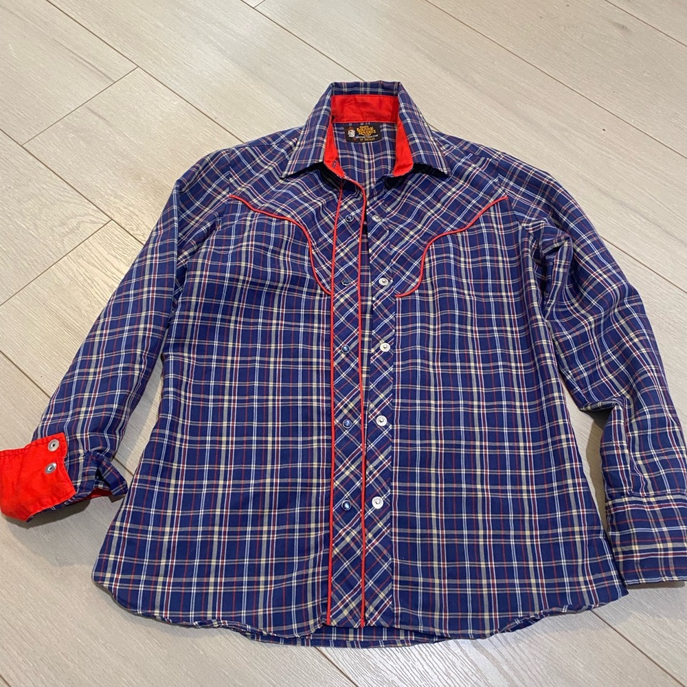 Vintage 70’s Western Shirt- blue plaid, red piping, pearl snap buttons